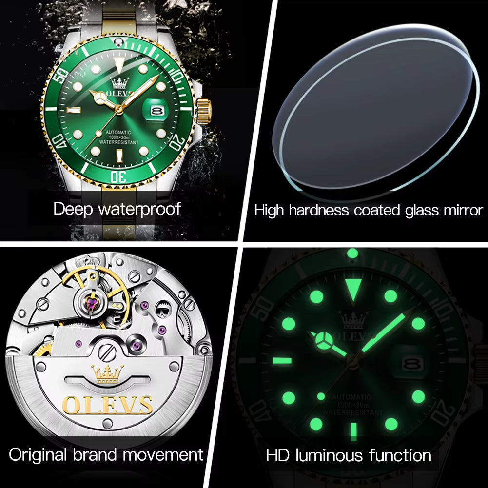 Automatic Movement Mechanical Men Watch Green Water Ghost Man Wristwatch Waterproof Stainless Steel Men'S Watches Luxury